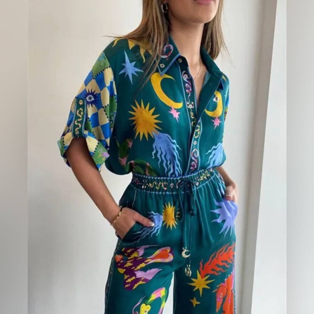Printed Wide-Leg Jumpsuit in Teal with Celestial Motif - Picture 6 of 16